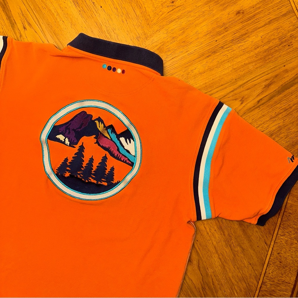 Vintage COOGI Embroidered Polo Shirt Size XL Orange Blue Mountain Scene Y2K Rare